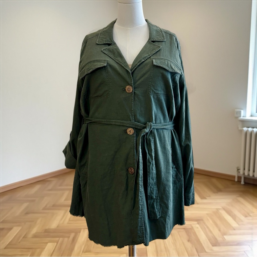 Torrid 3X Belted Shirt/Jacket Army Green Linen Blend Button Front